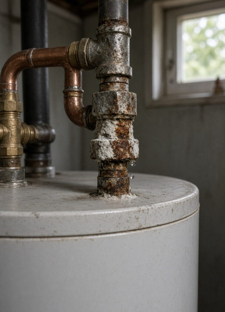 Corroded pipe fitting leaking on top of a water heater in a Passaic NJ home