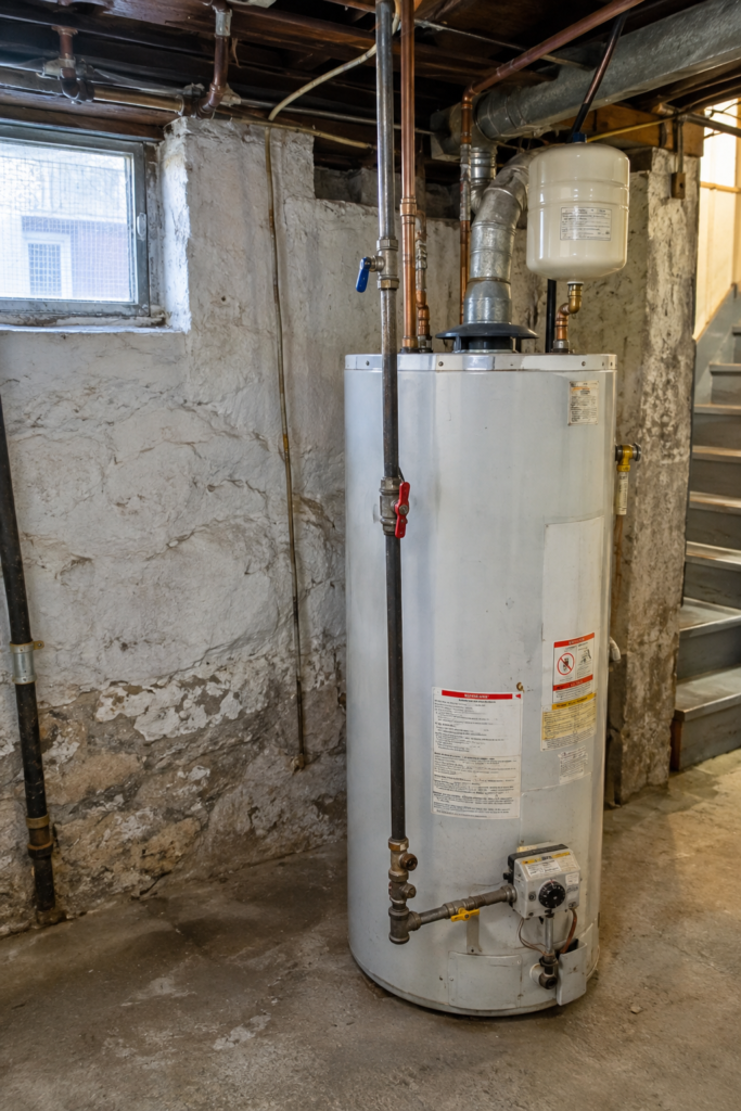 A tank water heater installed in a Bayonne, NJ home, where older plumbing systems often need regular maintenance to prevent corrosion and leaks.